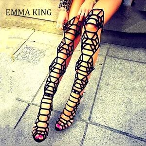 Brand New Black Over the Knee Gladiator Heel Sandals Size Euro 41/U.S. Size 9.5